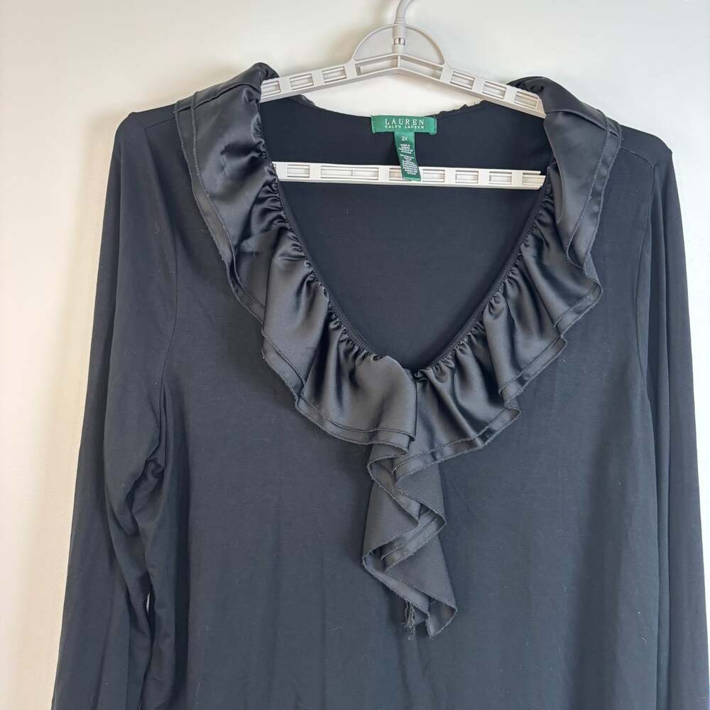 Lauren Ralph Lauren long sleeve ruffled v-neck top plus 2X black stretch